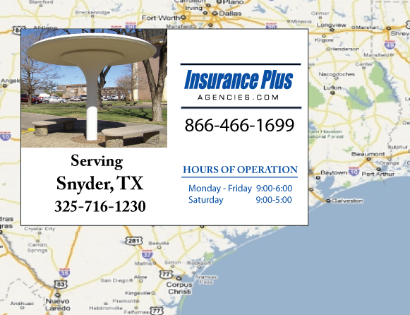 Insurance Plus Agencies of Texas (325)716-1230 is your Commercial Liability Insurance Agency serving Snyder, Texas. Call our dedicated agents anytime for a Quote. We are here for you 24/7 to find the Texas Insurance that's right for you.