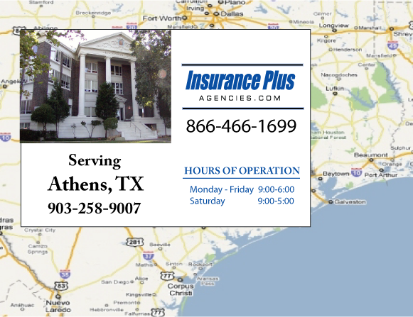 Insurance Plus Agencies of Texas (903)258-9007 is your Commercial Liability Insurance Agency serving Athens, Texas. Call our dedicated agents anytime for a Quote. We are here for you 24/7 to find the Texas Insurance that's right for you.