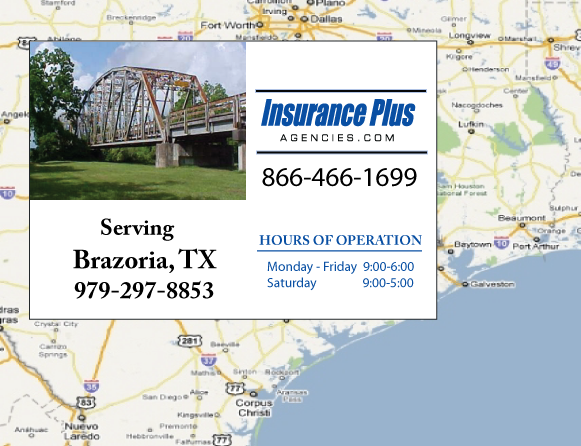 Insurance Plus Agencies of Texas (979)297-8853 is your Commercial Liability Insurance Agency serving Brazoria, Texas. Call our dedicated agents anytime for a Quote. We are here for you 24/7 to find the Texas Insurance that's right for you.