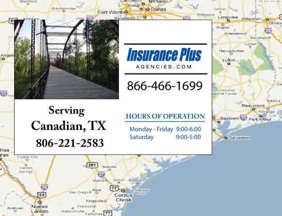 Insurance Plus Agencies of Texas (806)221-2583 is your Commercial Liability Insurance Agency serving Canadian, Texas. Call our dedicated agents anytime for a Quote. We are here for you 24/7 to find the Texas Insurance that's right for you.
