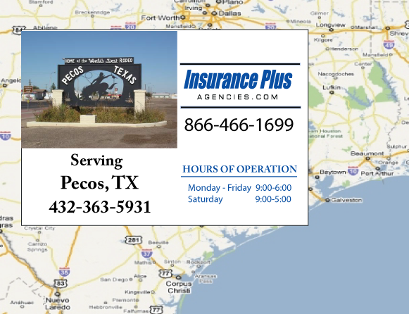 Insurance Plus Agencies of Texas (432)363-5931 is your Commercial Liability Insurance Agency serving Pecos, Texas. Call our dedicated agents anytime for a Quote. We are here for you 24/7 to find the Texas Insurance that's right for you.