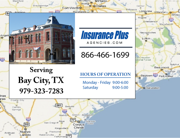 Insurance Plus Agencies of Texas (830)515-4215 is your Commercial Liability Insurance Agency serving Bay City, Texas. Call our dedicated agents anytime for a Quote. We are here for you 24/7 to find the Texas Insurance that's right for you.