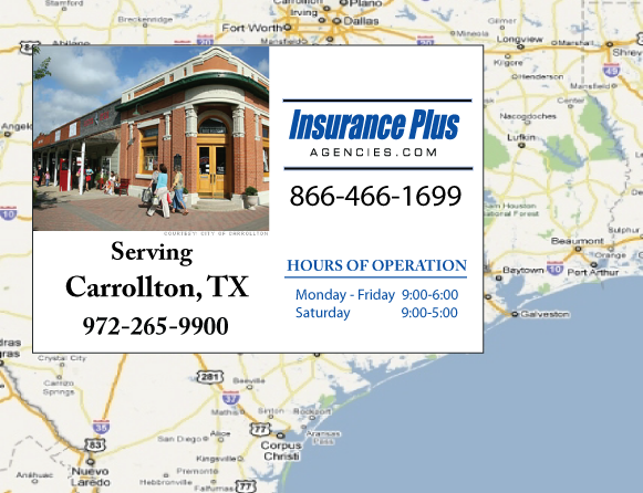 Las Agencias de Insurance Plus de Texas (972)265-9900 son su Agente de Aseguranza de Responsabilidad Civil para Daños a Terceros para Carros en Carrollton, Texas.