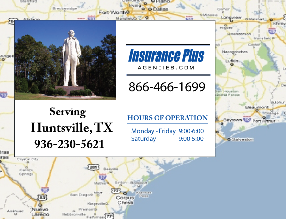 Las Agencias de Insurance Plus de Texas (936)230-5621 son su Agente de Aseguranza de Responsabilidad Civil para Daños a Terceros para Carros en Huntsville, Texas.